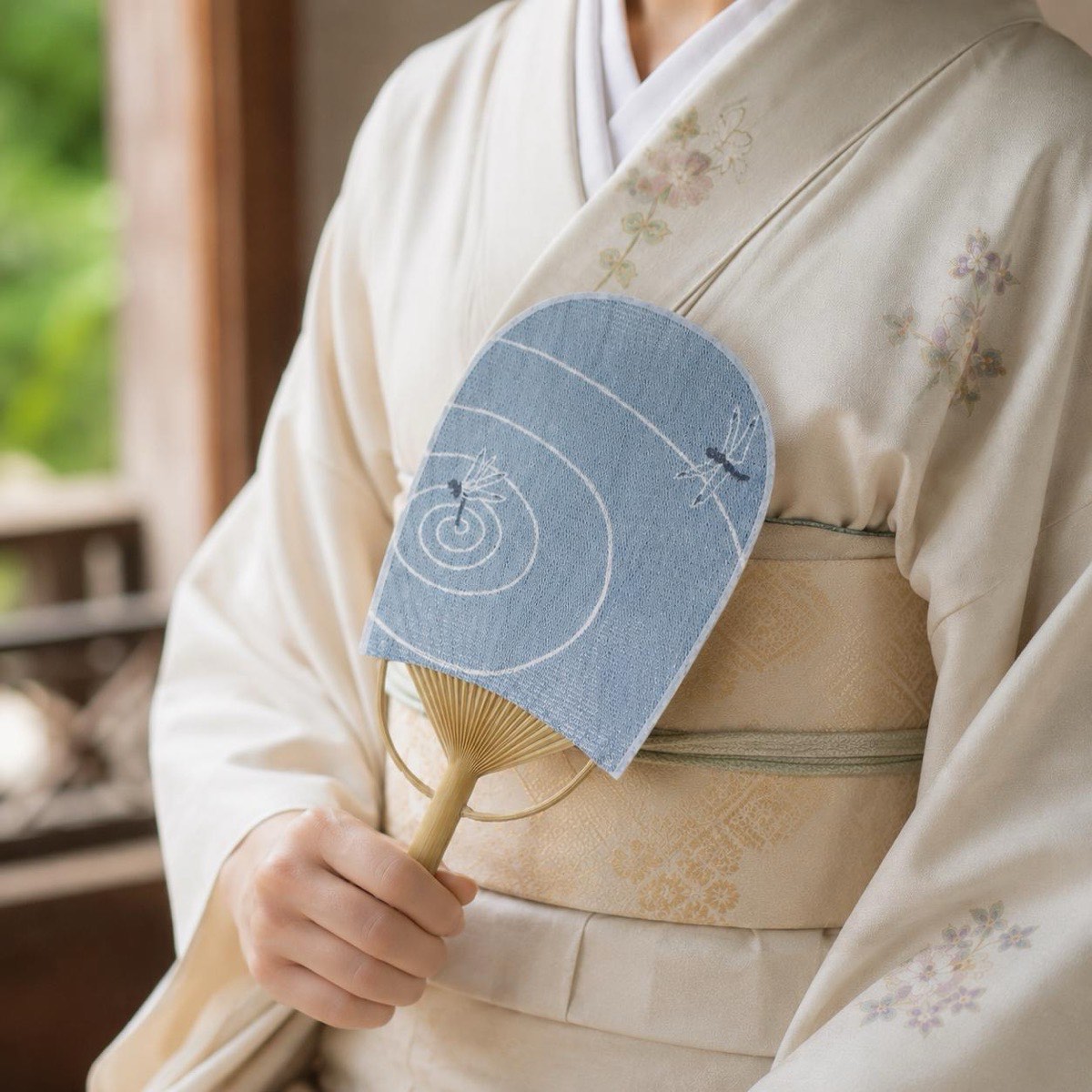 Mini Japanese Uchiwa Fan, Linen Dragonfly Motif, Bamboo Frame, Made in Japan — view 2