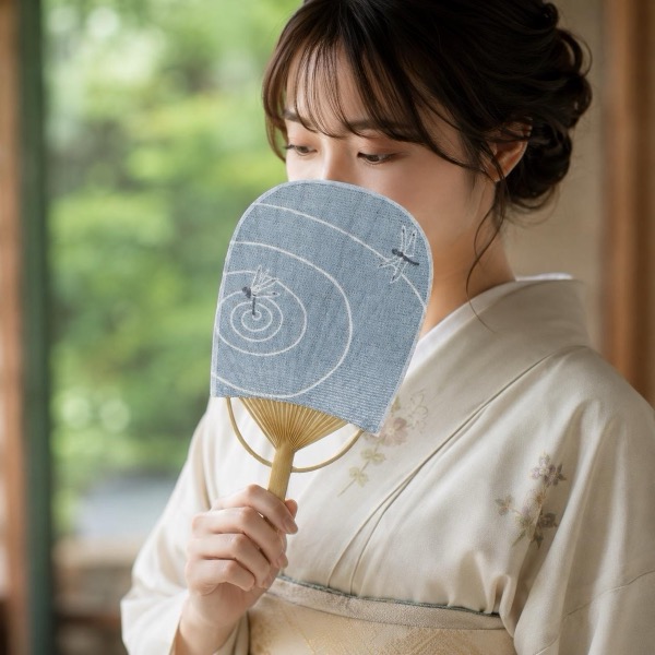 Mini Japanese Uchiwa Fan, Linen Dragonfly Motif, Bamboo Frame, Made in Japan