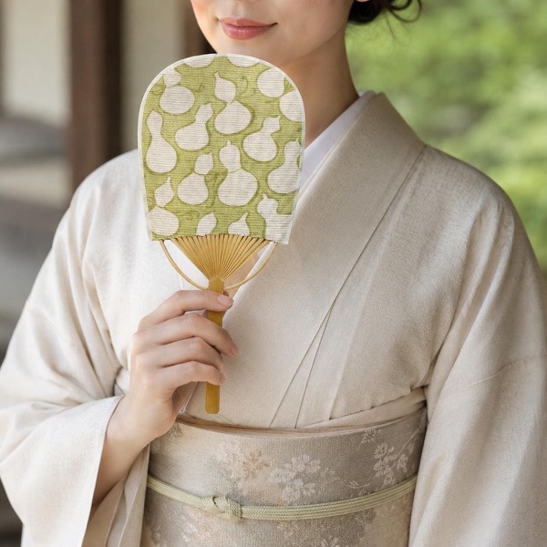 Mini Japanese Uchiwa Fan, Linen Gourd Scatter Motif, Bamboo Frame, Made in Japan