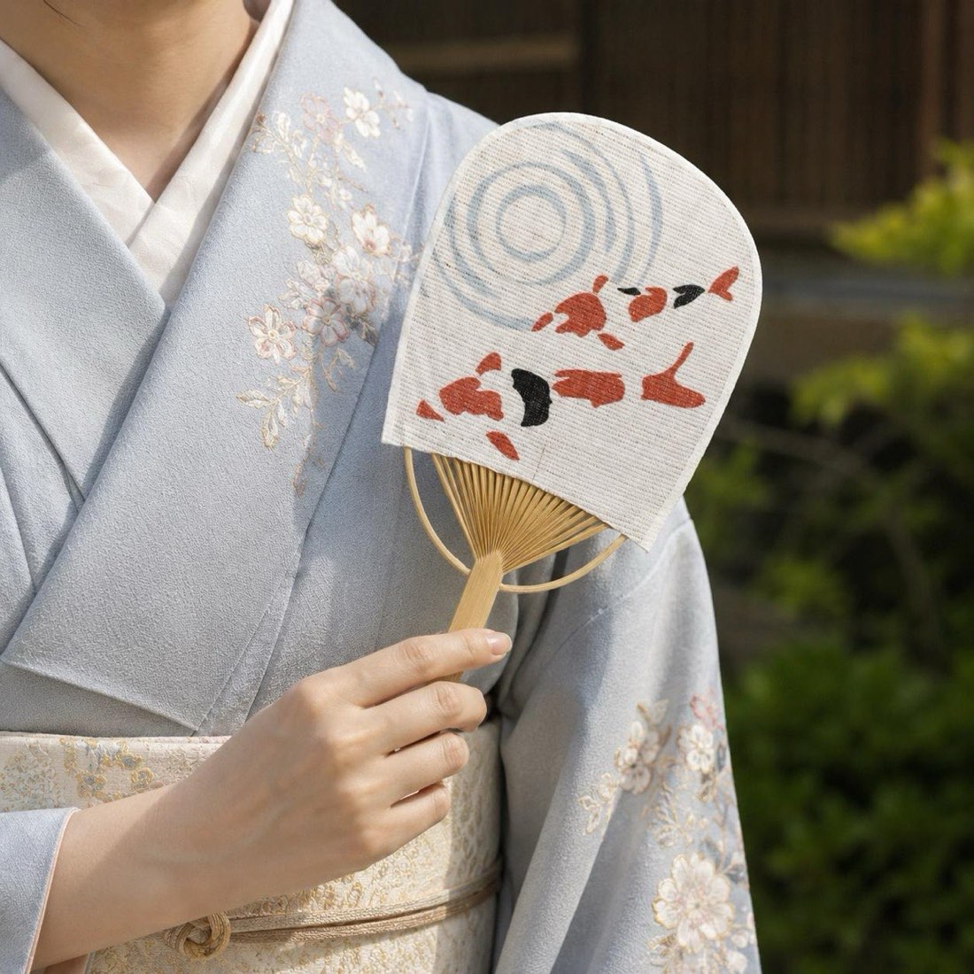 Mini Japanese Uchiwa Fan, Linen Koi Motif, Bamboo Frame, Made in Japan — view 2