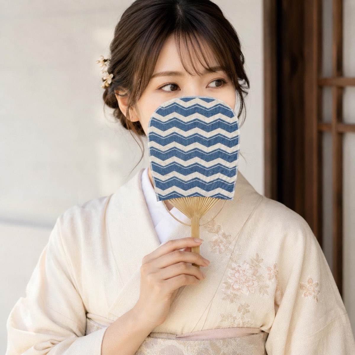 Mini Japanese Uchiwa Fan, Linen Komochi Yamagata Motif, Bamboo Frame, Made in Japan — view 1