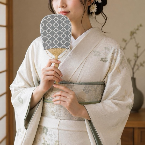 Mini Japanese Uchiwa Fan, Linen Matsukawabishi Diamond Motif, Bamboo Frame, Made in Japan