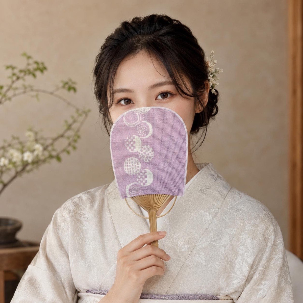 Mini Japanese Uchiwa Fan, Linen Otedama Motif, Bamboo Frame, Made in Japan — view 1