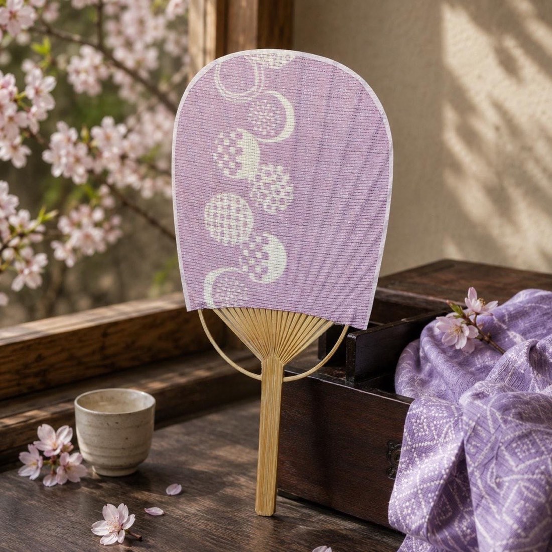 Mini Japanese Uchiwa Fan, Linen Otedama Motif, Bamboo Frame, Made in Japan — view 9