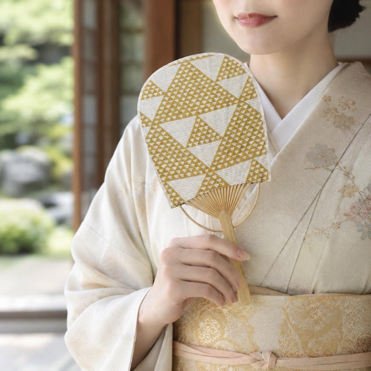 Mini Japanese Uchiwa Fan, Linen Uroko Scale Motif, Bamboo Frame, Made in Japan