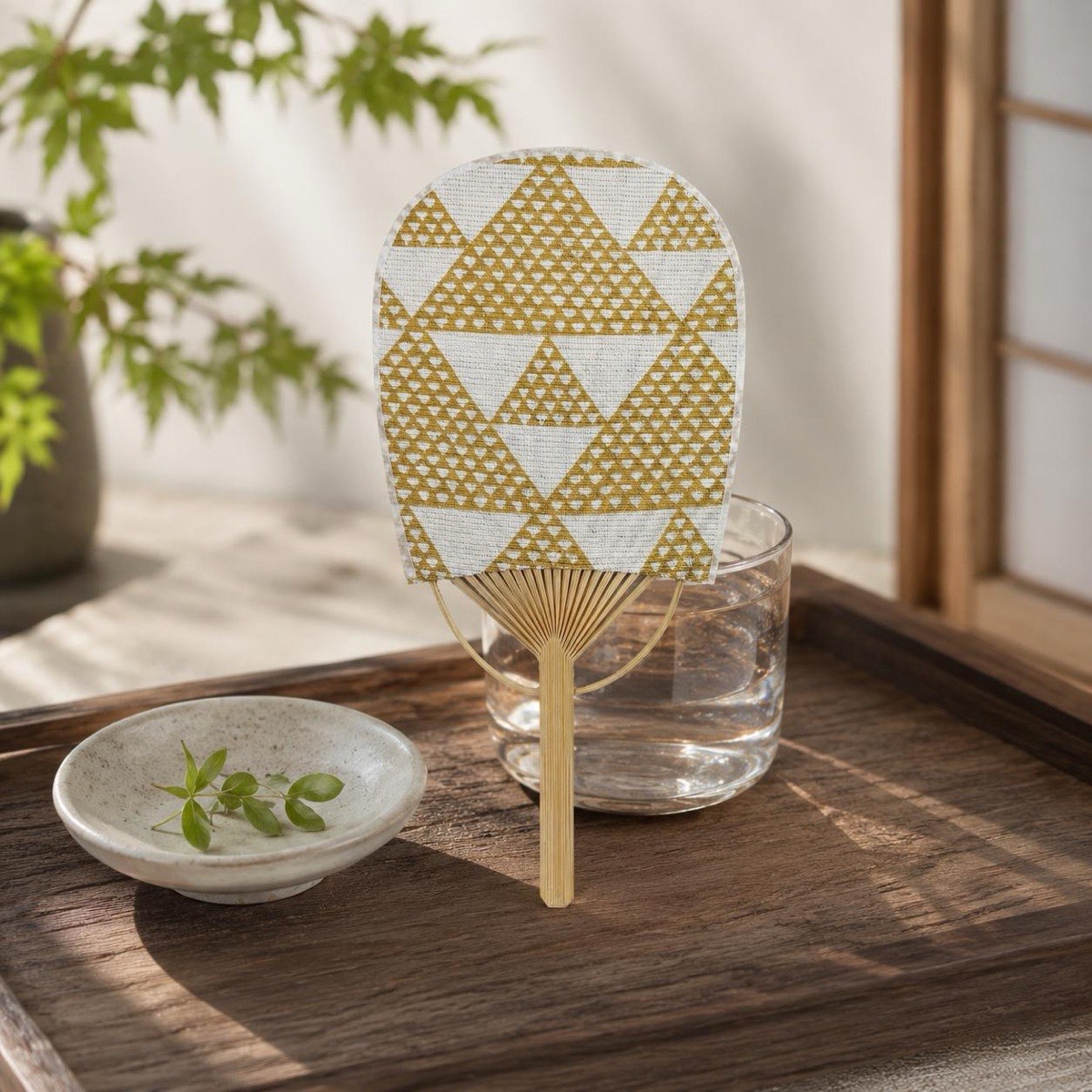 Mini Japanese Uchiwa Fan, Linen Uroko Scale Motif, Bamboo Frame, Made in Japan — view 10