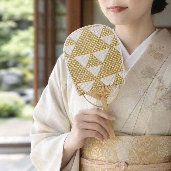 Mini Japanese Uchiwa Fan, Linen Uroko Scale Motif, Bamboo Frame, Made in Japan
