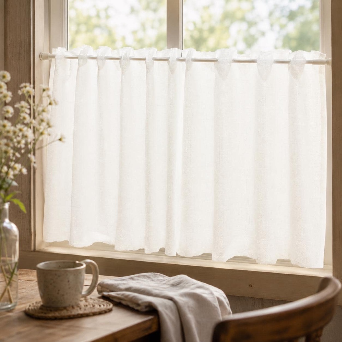 Refined Japanese Cafe Curtain, Tsumugi Look, Beige, Natural, Sheer Valance 59.1x17.7 in, Natural Kitchen — view 2